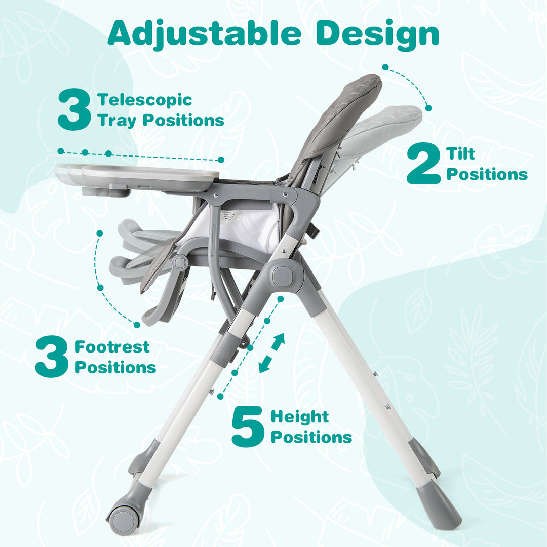 Foldable High Chair with Footrest and Detachable Tray-Gray