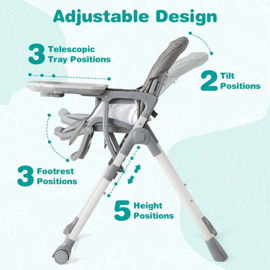 Foldable High Chair with Footrest and Detachable Tray-Gray