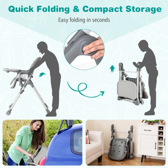 Foldable High Chair with Footrest and Detachable Tray-Gray