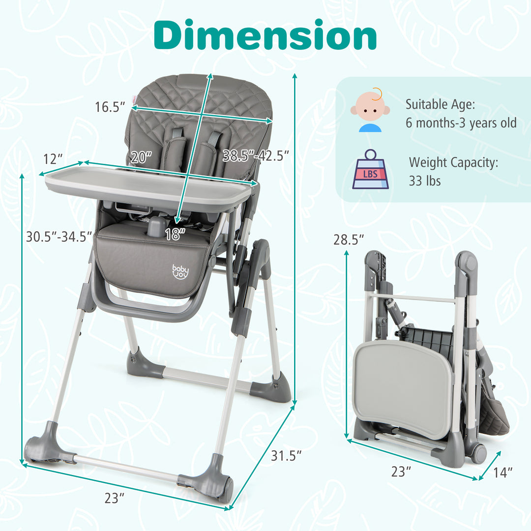 Foldable High Chair with Footrest and Detachable Tray-Gray