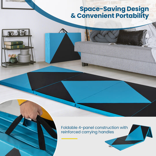 4-Panel PU Leather Folding Exercise Gym Mat with Hook and Loop Fasteners-Black & Turquoise