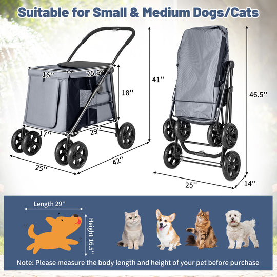Folding Pet Stroller for Small and Medium Pets with Breathable Mesh andx One-Button Foldable-Gray