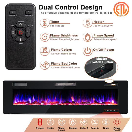68" Ultra-Thin Recessed Electric Fireplace