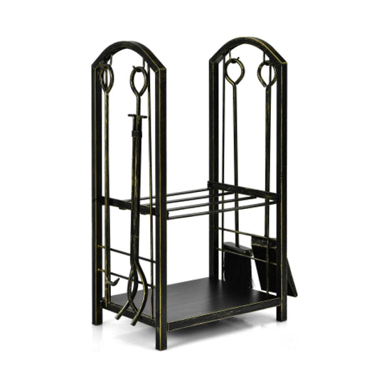 Fireplace Log Rack with 4 Tools Set Fireside Firewood Holder