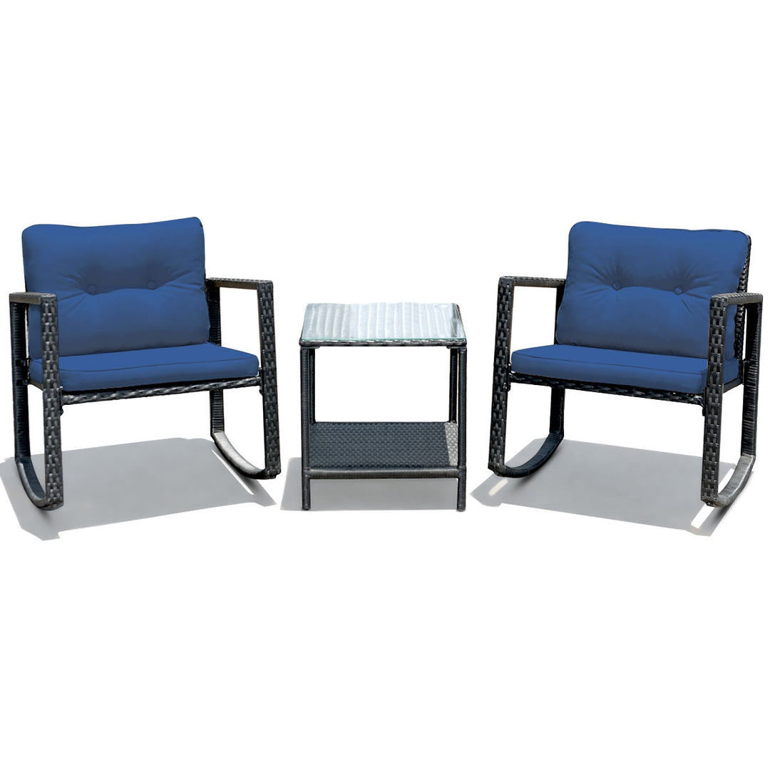 3 Pieces Cushioned Patio Rattan Set with Rocking Chair and Table-Black