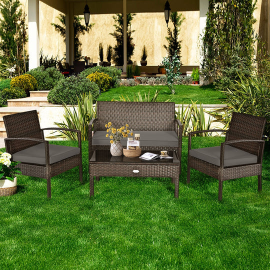 4 Pieces Patio Rattan Cushioned Furniture Set