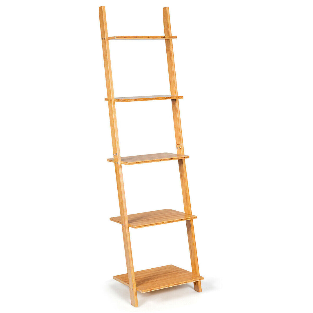 5-Tier Modern Bamboo Wall-Leaning Display Ladder Bookshelf