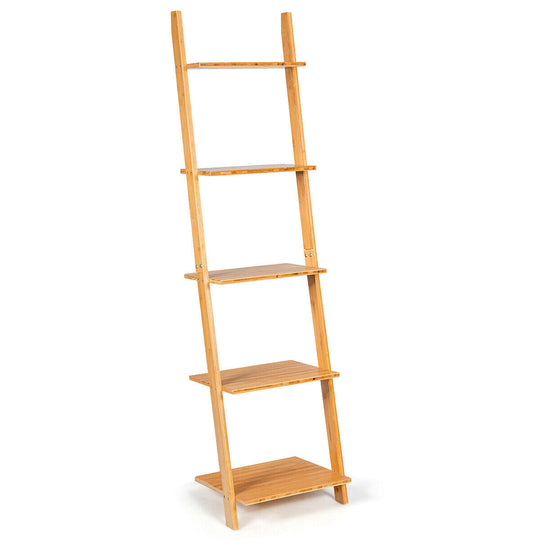 5-Tier Modern Bamboo Wall-Leaning Display Ladder Bookshelf