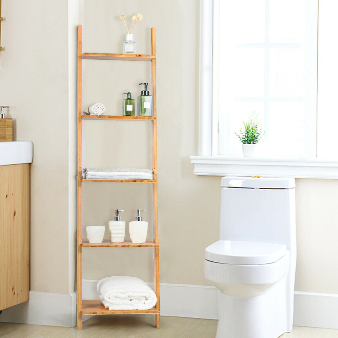 5-Tier Modern Bamboo Wall-Leaning Display Ladder Bookshelf