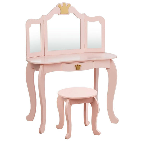 Kids Makeup Dressing Table with Tri-folding Mirror and Stool-Pink