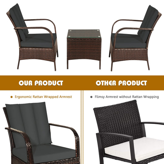 3 Pcs Patio Conversation Rattan Furniture Set with Glass Top Coffee Table and Cushions