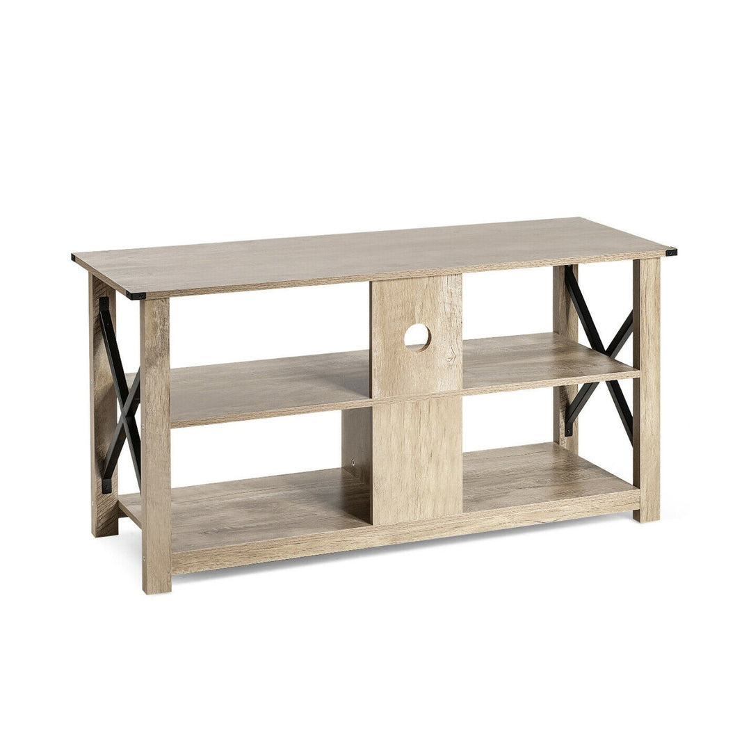 3 Tier Wood TV Stand for 55-Inch with Open Shelves and X-Shaped Frame