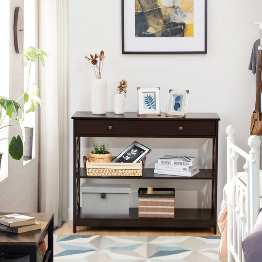 Console Table 3-Tier with Drawer and Storage Shelves