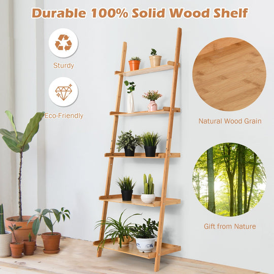 5-Tier Ladder Shelf Bamboo Bookshelf Wall-Leaning Storage Display Plant Stand-Natural