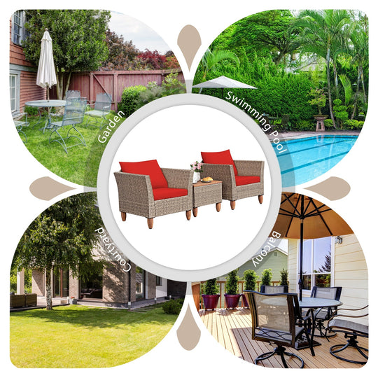 3 Pieces Patio Rattan Furniture Set with Washable Cushion for Yard Porch