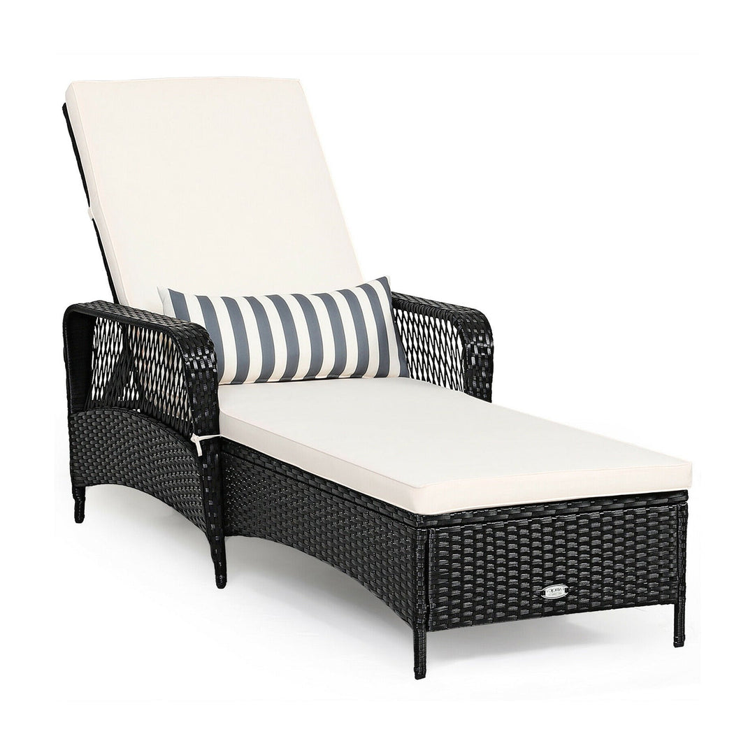 Patio Wicker Chaise Lounge Chair with Pillow and Adjustable Backrest with Cushion-Black