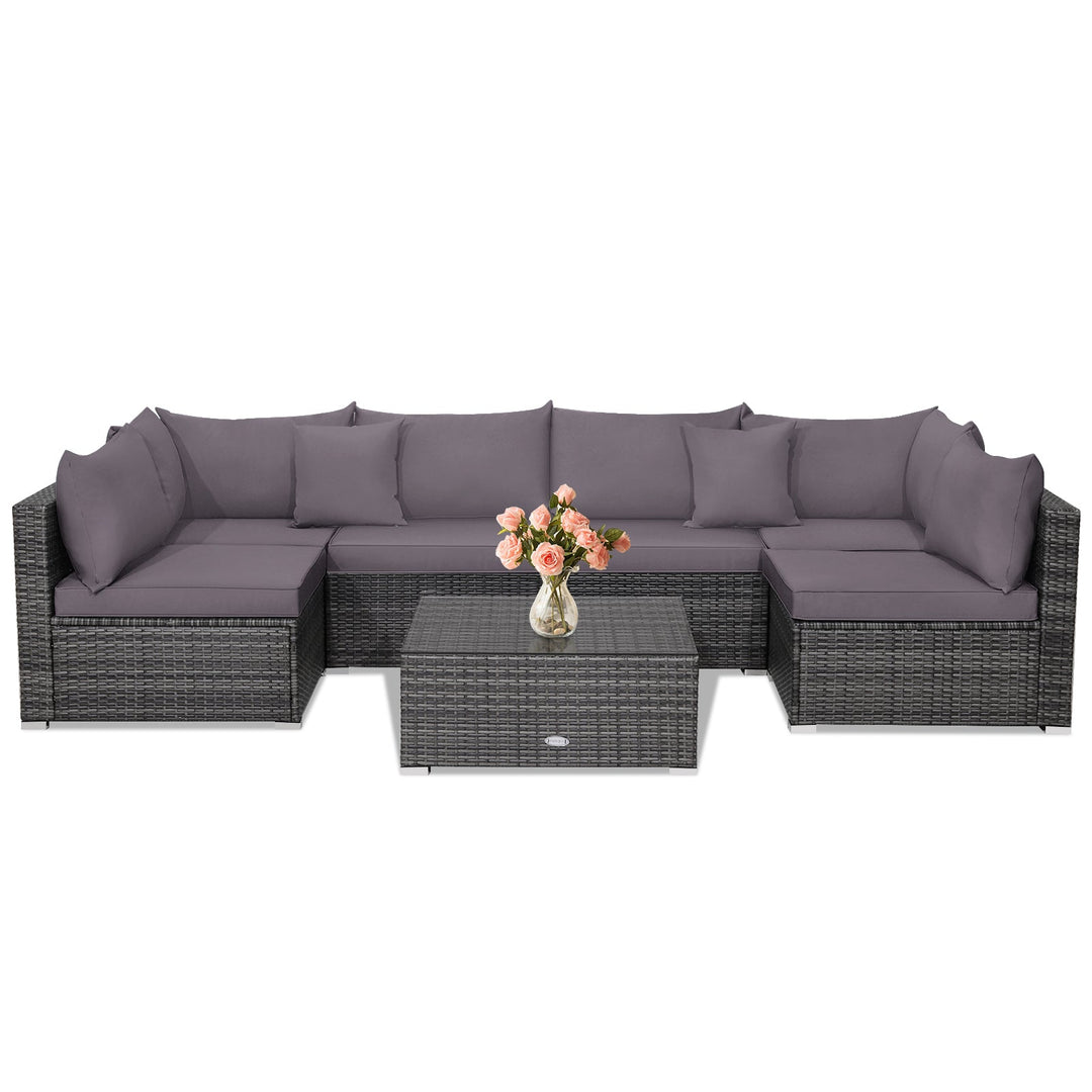 7 Pieces Patio Rattan Furniture Set Sectional Sofa Garden Cushion