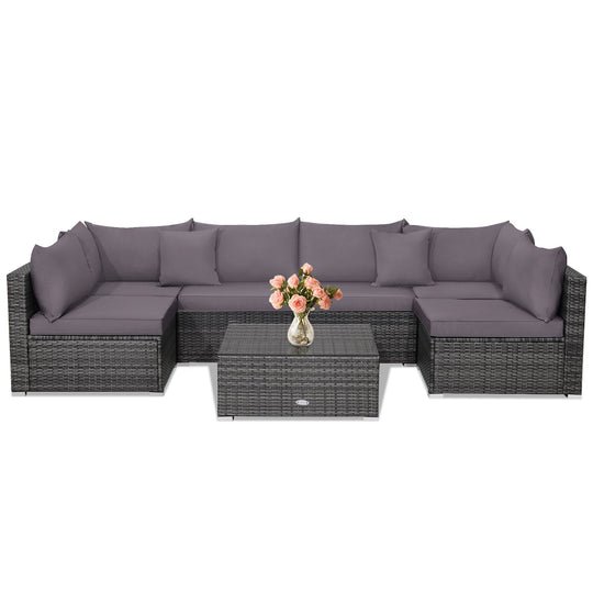 7 Pieces Patio Rattan Furniture Set Sectional Sofa Garden Cushion