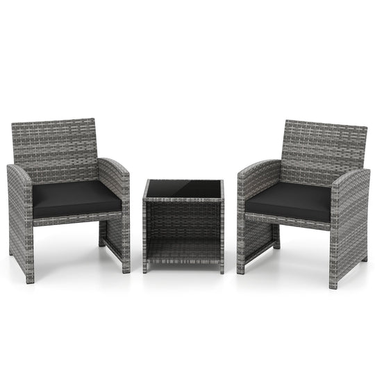 3 Pieces Patio Furniture Set with Tempered Glass Coffee Table and Soft Seat Cushions