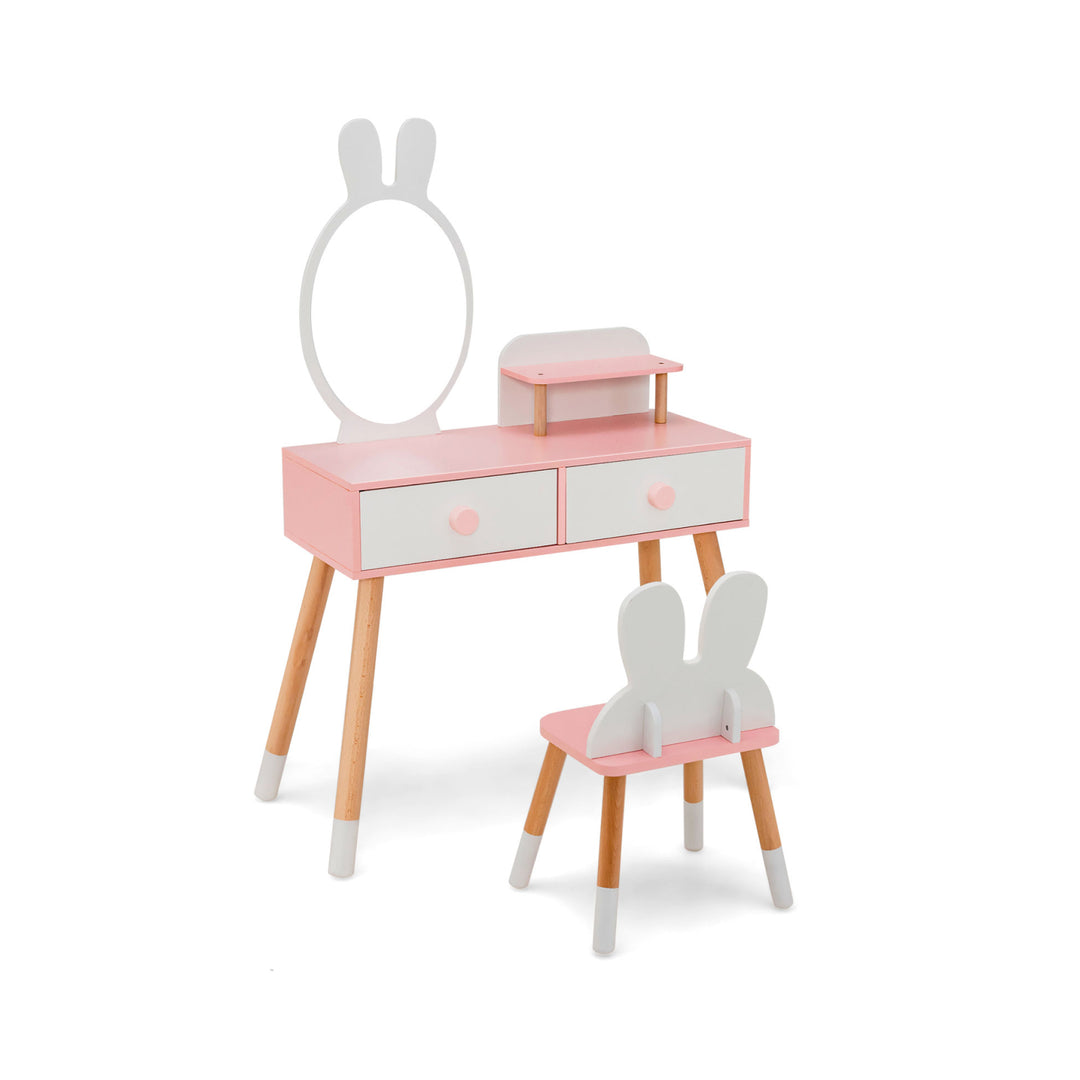 Kids Vanity Table and Chair Set with Drawer Shelf and Rabbit Mirror-White