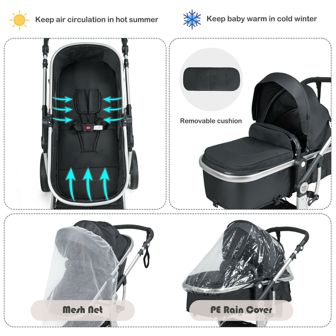 Folding Aluminum Infant Reversible Stroller with Diaper Bag-Black