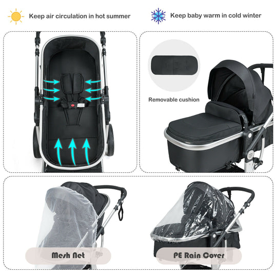 Folding Aluminum Infant Reversible Stroller with Diaper Bag-Black