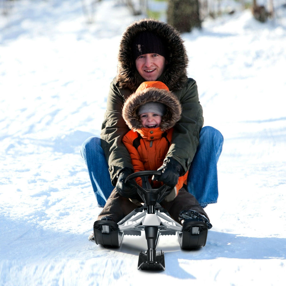 Kids Snow Sled with Steering Wheel and Double Brakes Pull Rope