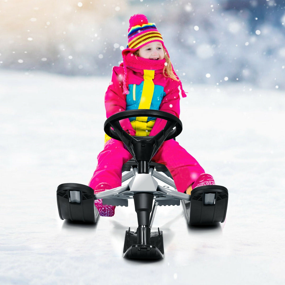 Kids Snow Sled with Steering Wheel and Double Brakes Pull Rope