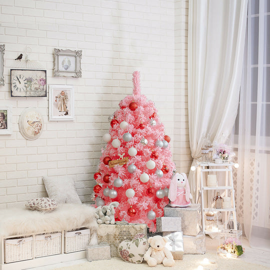 Pink Christmas Tree with Snow Flocked PVC Tips and Metal Stand-4.5 ft