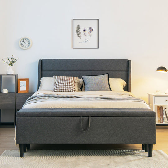 Full/Queen Size Upholstered Platform Bed Frame with Storage Ottoman