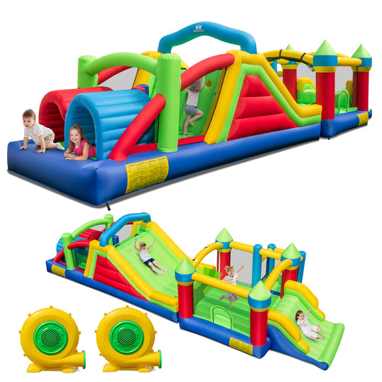 Inflatable Obstacle Course Bounce House with Dual Slides with 2 680W Blower