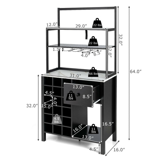 Kitchen Bakers Rack Freestanding Wine Rack Table with Glass Holder and Drawer