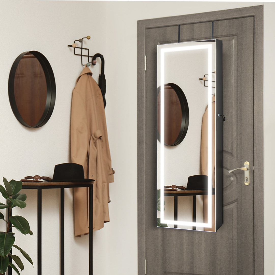 Mirrored Jewelry Armoire with Full Length Mirror and 2 Internal LED Lights