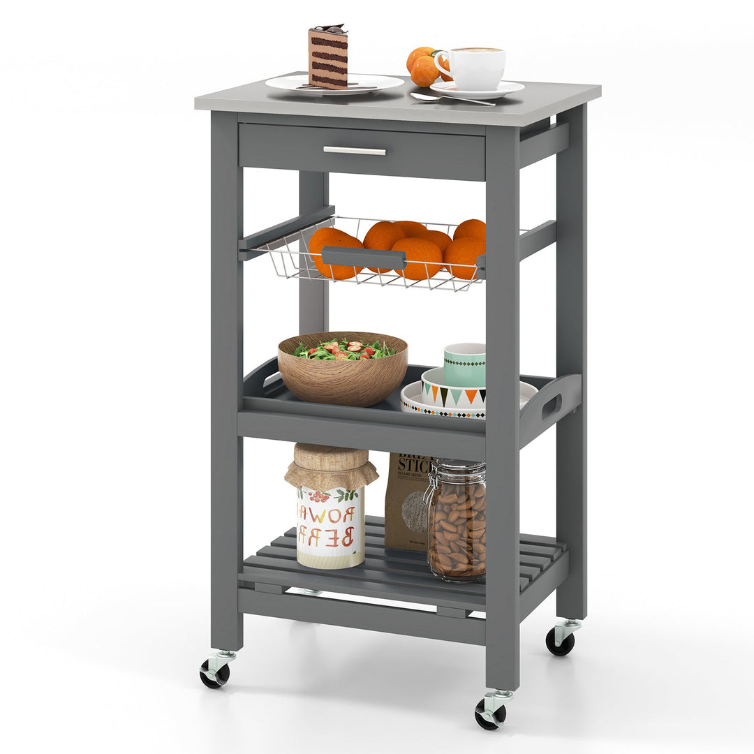Kitchen Island Cart with Stainless Steel Tabletop and Basket