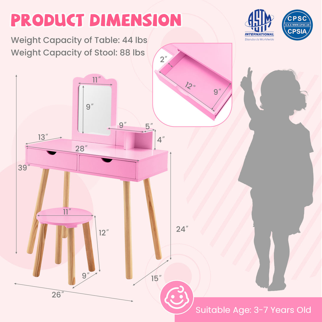 Kid Vanity Table Chair Set with Mirror and 2 Large Storage Drawers-Pink