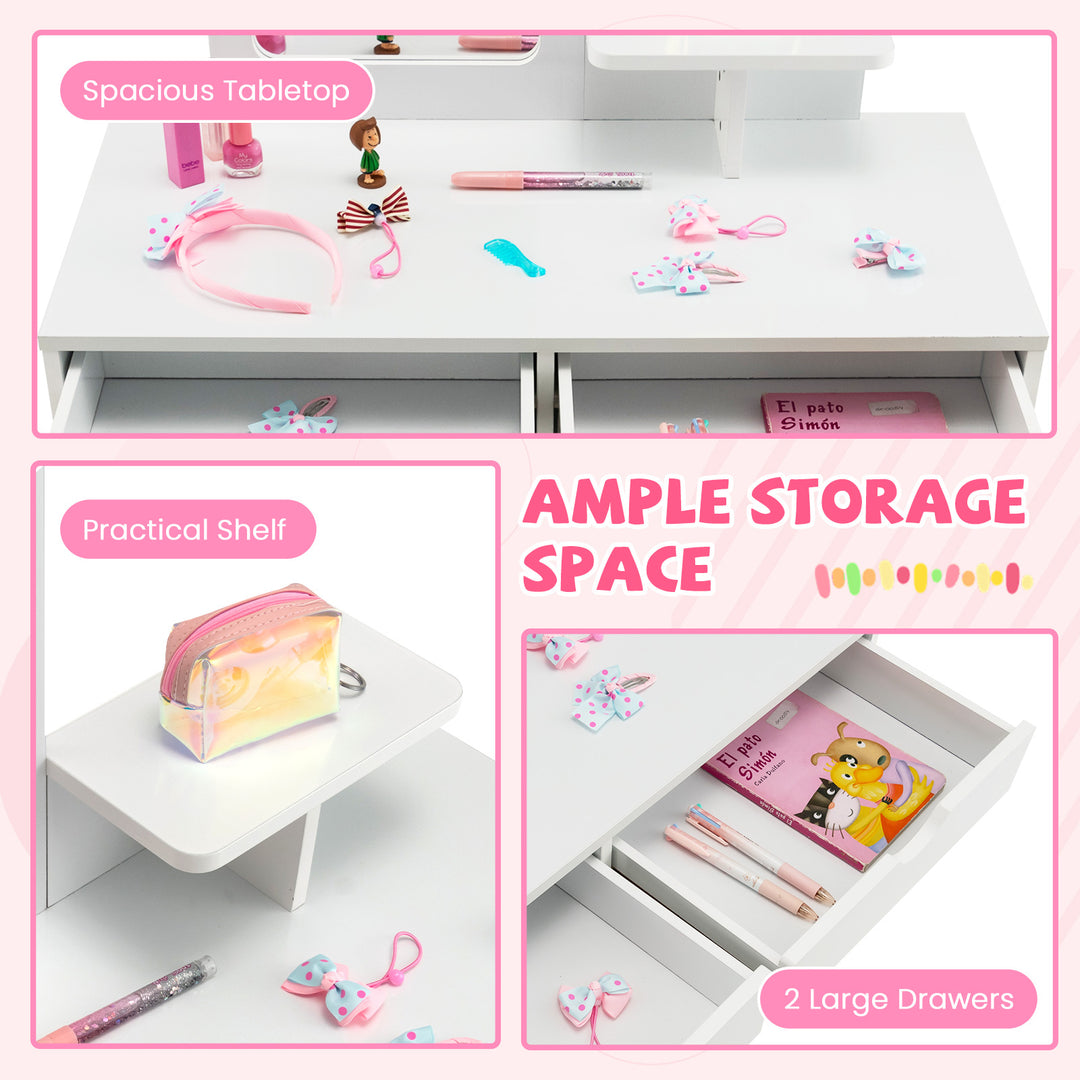 Kid Vanity Table Chair Set with Mirror and 2 Large Storage Drawers-White