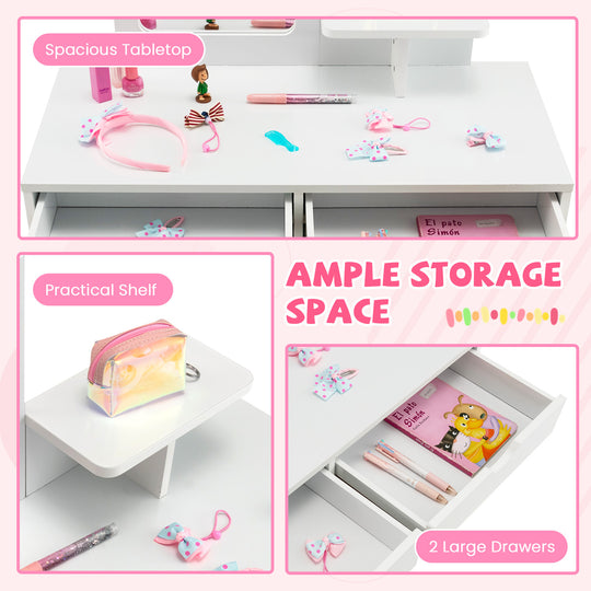 Kid Vanity Table Chair Set with Mirror and 2 Large Storage Drawers-White