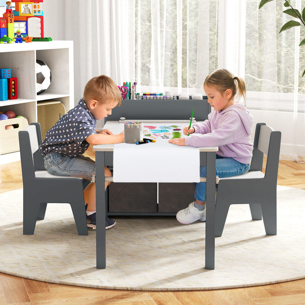 Kids Art Table and Chairs Set with 2 Chairs and Paper Roll-Gray