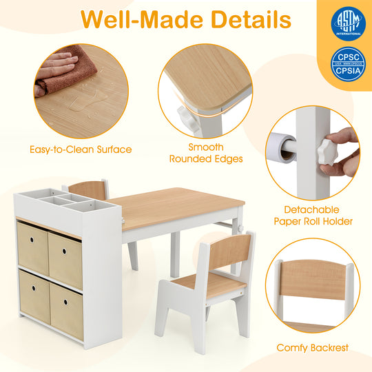 Kids Art Table and Chairs Set with 2 Chairs and Paper Roll-Natural
