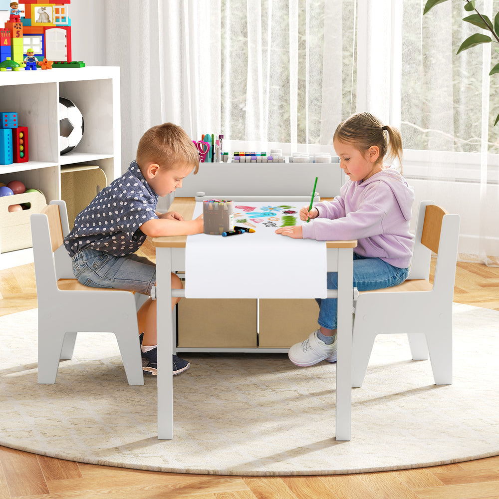 Kids Art Table and Chairs Set with 2 Chairs and Paper Roll-Natural