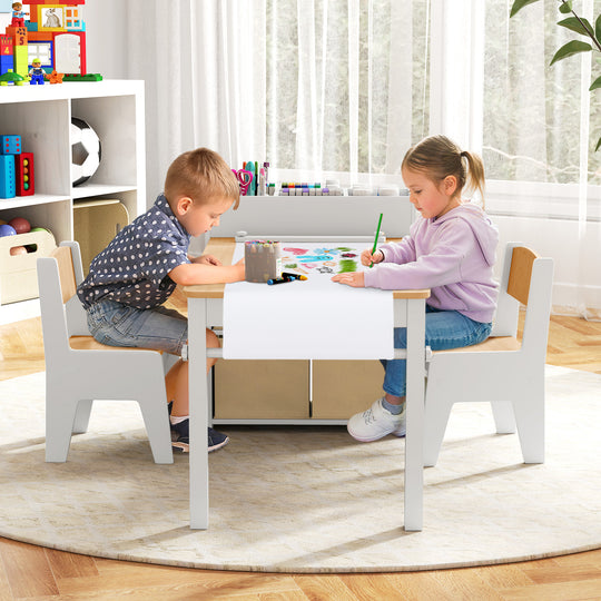 Kids Art Table and Chairs Set with 2 Chairs and Paper Roll-Natural