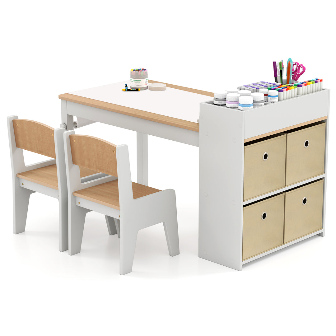 Kids Art Table and Chairs Set with 2 Chairs and Paper Roll-Natural