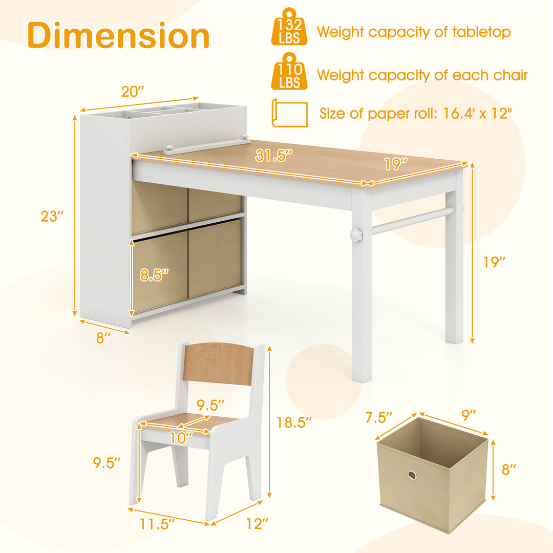 Kids Art Table and Chairs Set with 2 Chairs and Paper Roll-Natural