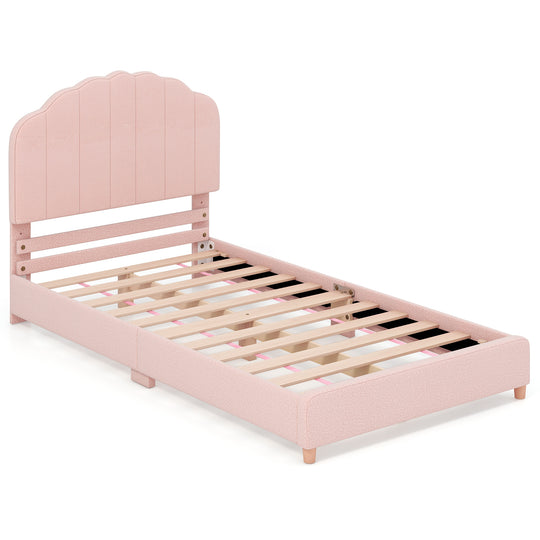 Twin Bed Frame with Height-Adjustable Headboard and Sturdy Wooden Slats-Pink