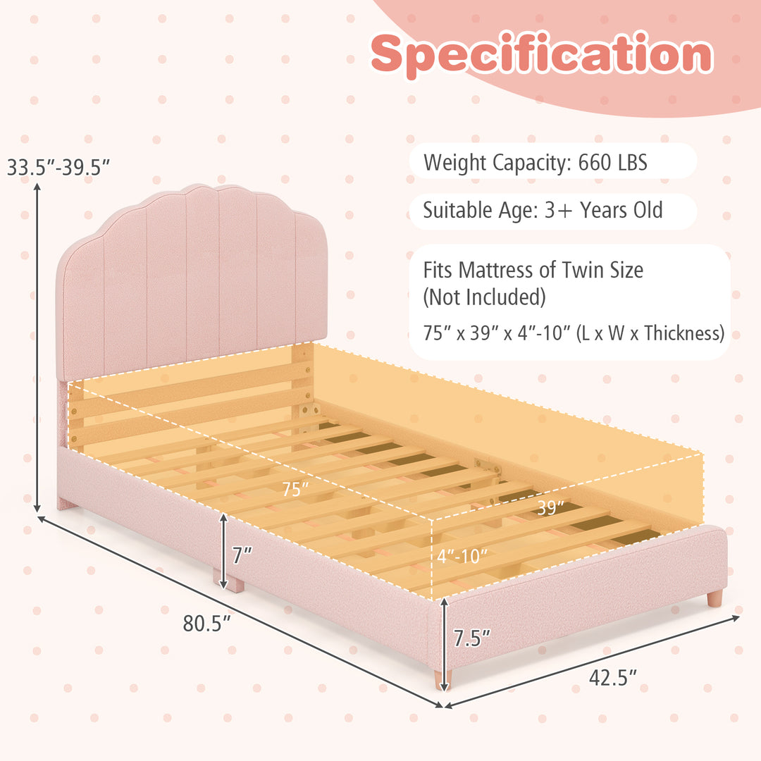 Twin Bed Frame with Height-Adjustable Headboard and Sturdy Wooden Slats-Pink