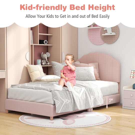 Twin Bed Frame with Height-Adjustable Headboard and Sturdy Wooden Slats-Pink