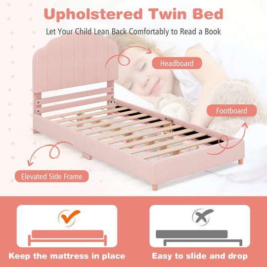Twin Bed Frame with Height-Adjustable Headboard and Sturdy Wooden Slats-Pink