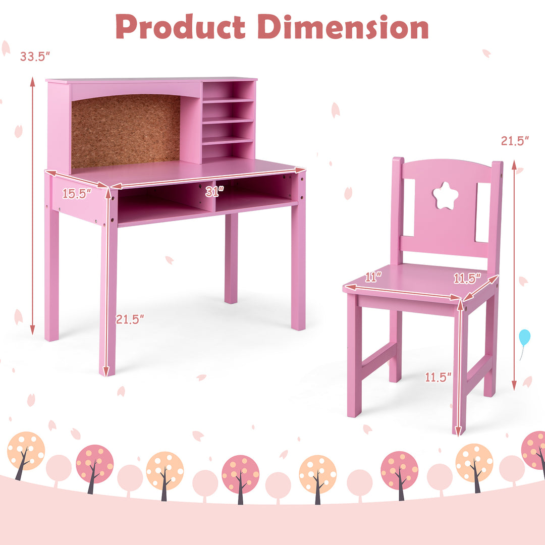 Kids Desk and Chair Set with Hutch and Bulletin Board for 3+ Kids-Pink