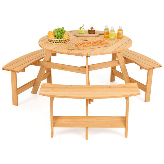 Kids Outdoor Wooden Picnic Table and Bench Set with Umbrella Hole-Natural