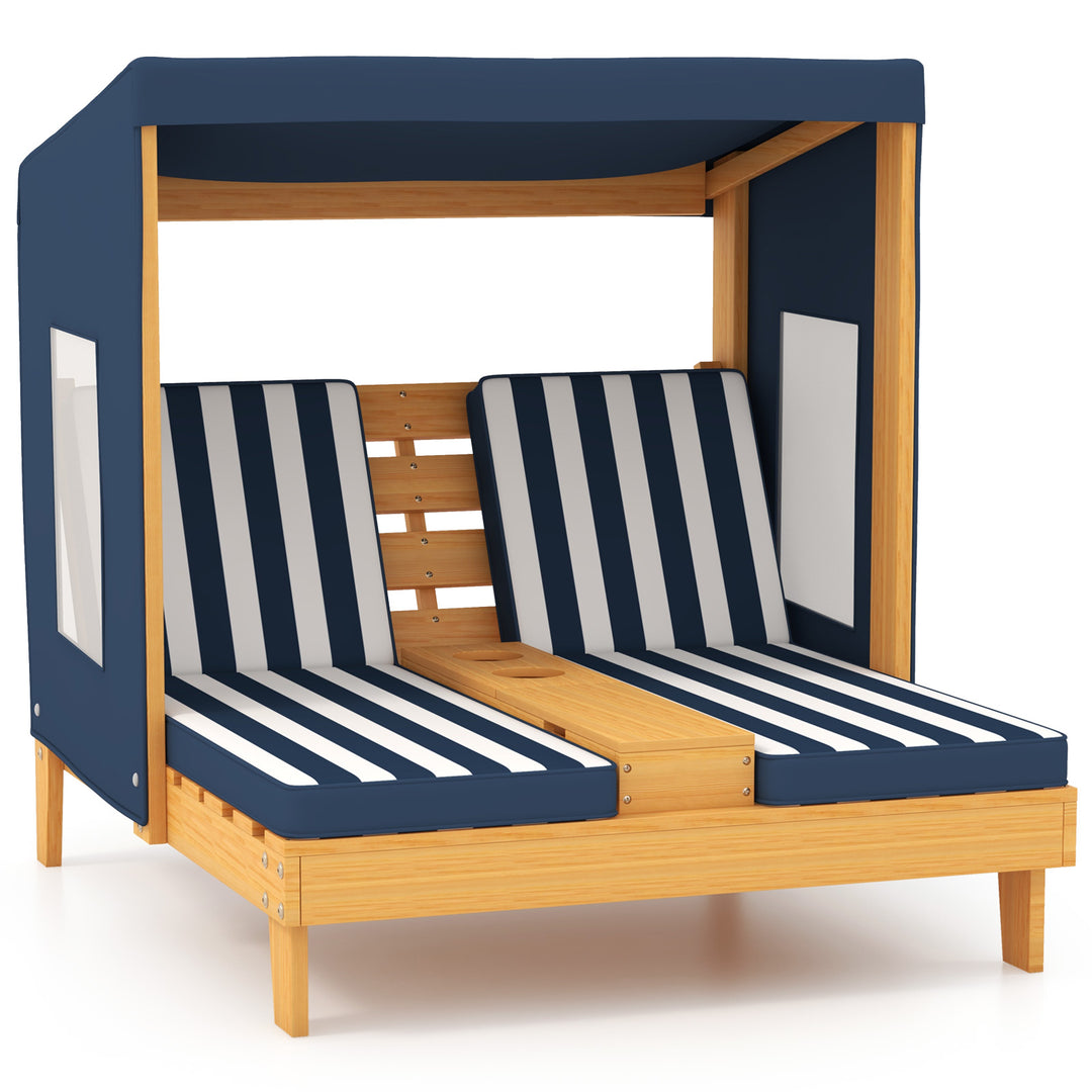 Kids Patio Lounge Chair with Cup Holders and Awning-Navy